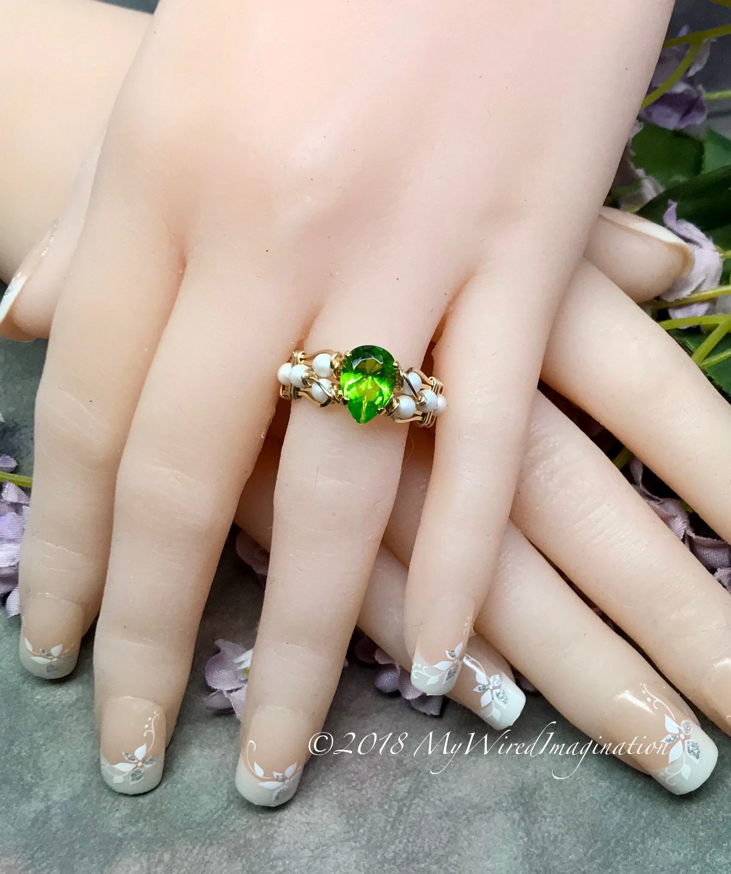 Pearl and Peridot, Handmade Ring in 14k GF, August Birthstone US Size 7