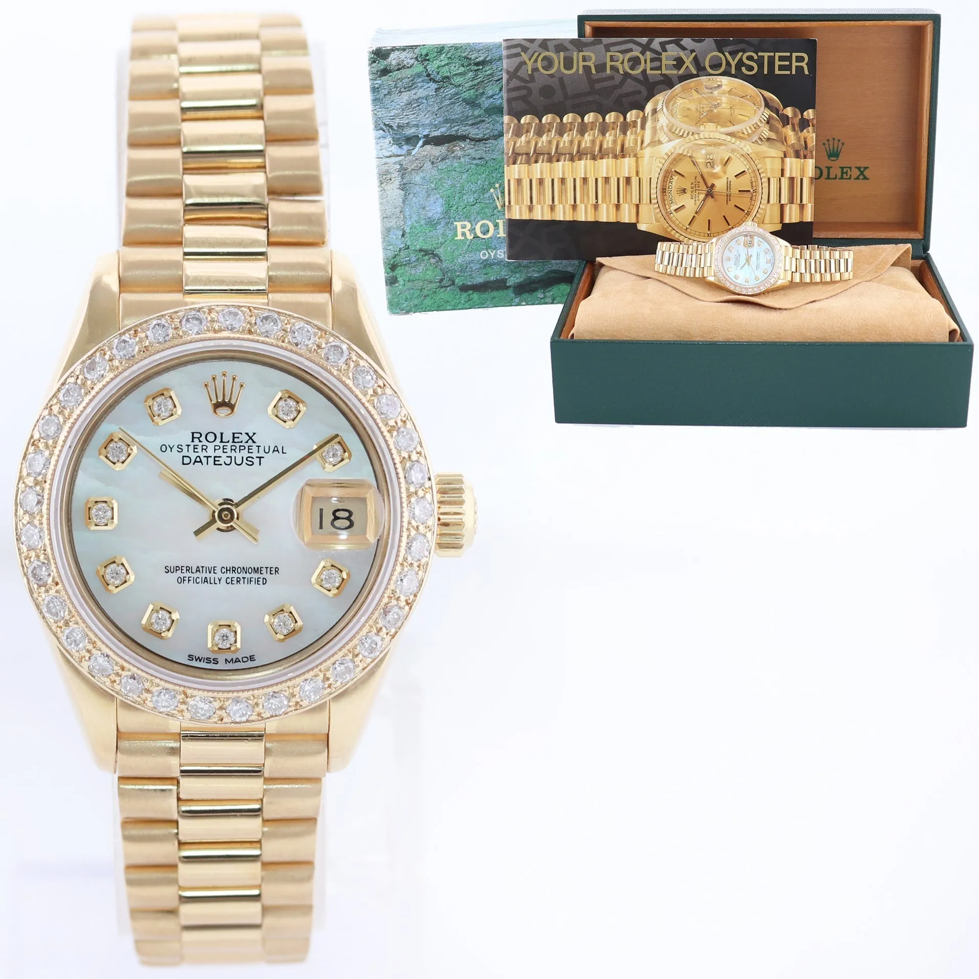 Pearl Diamond Ladies Rolex DateJust President 26mm 69178 Yellow Gold Watch Box