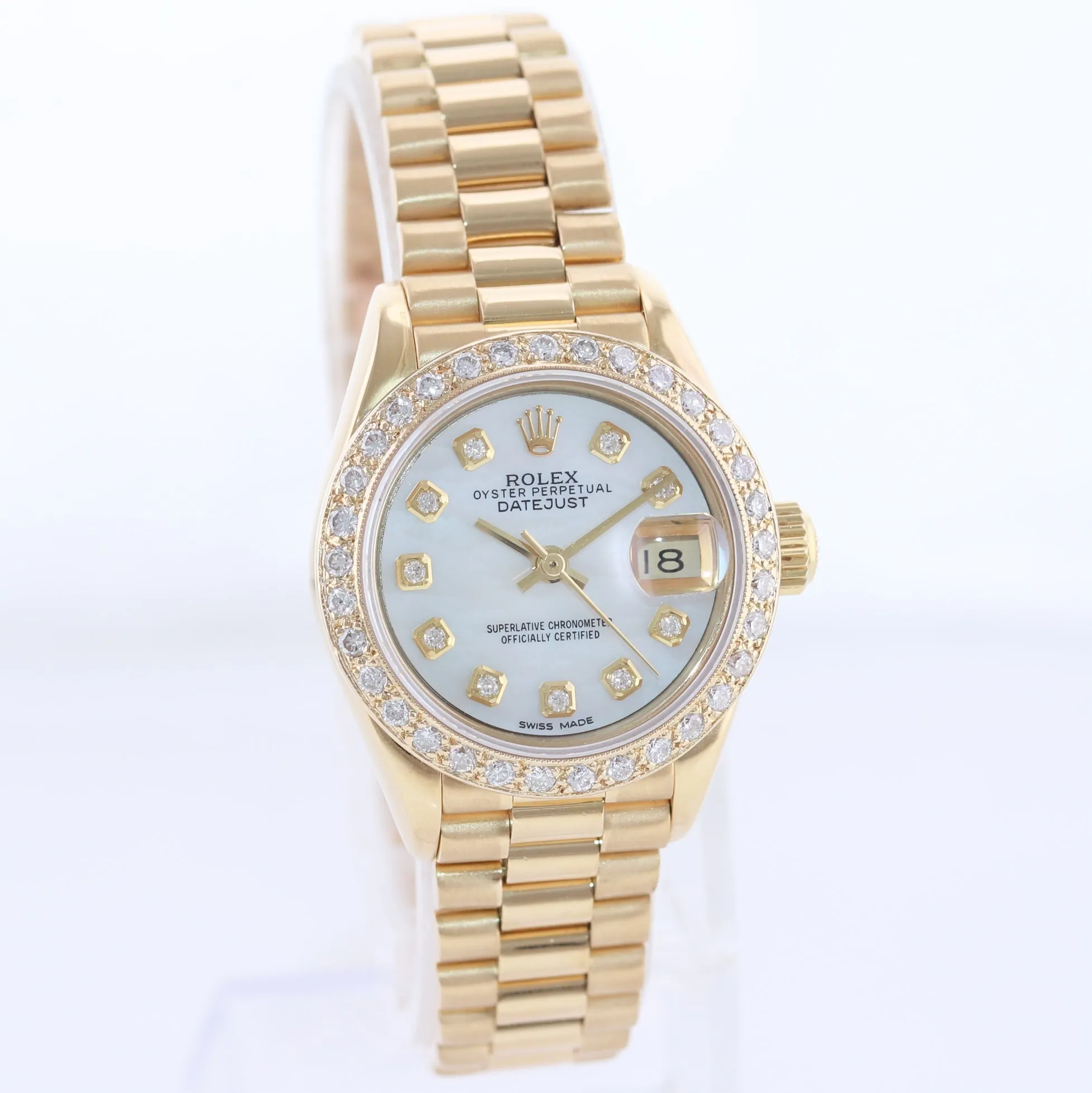 Pearl Diamond Ladies Rolex DateJust President 26mm 69178 Yellow Gold Watch Box