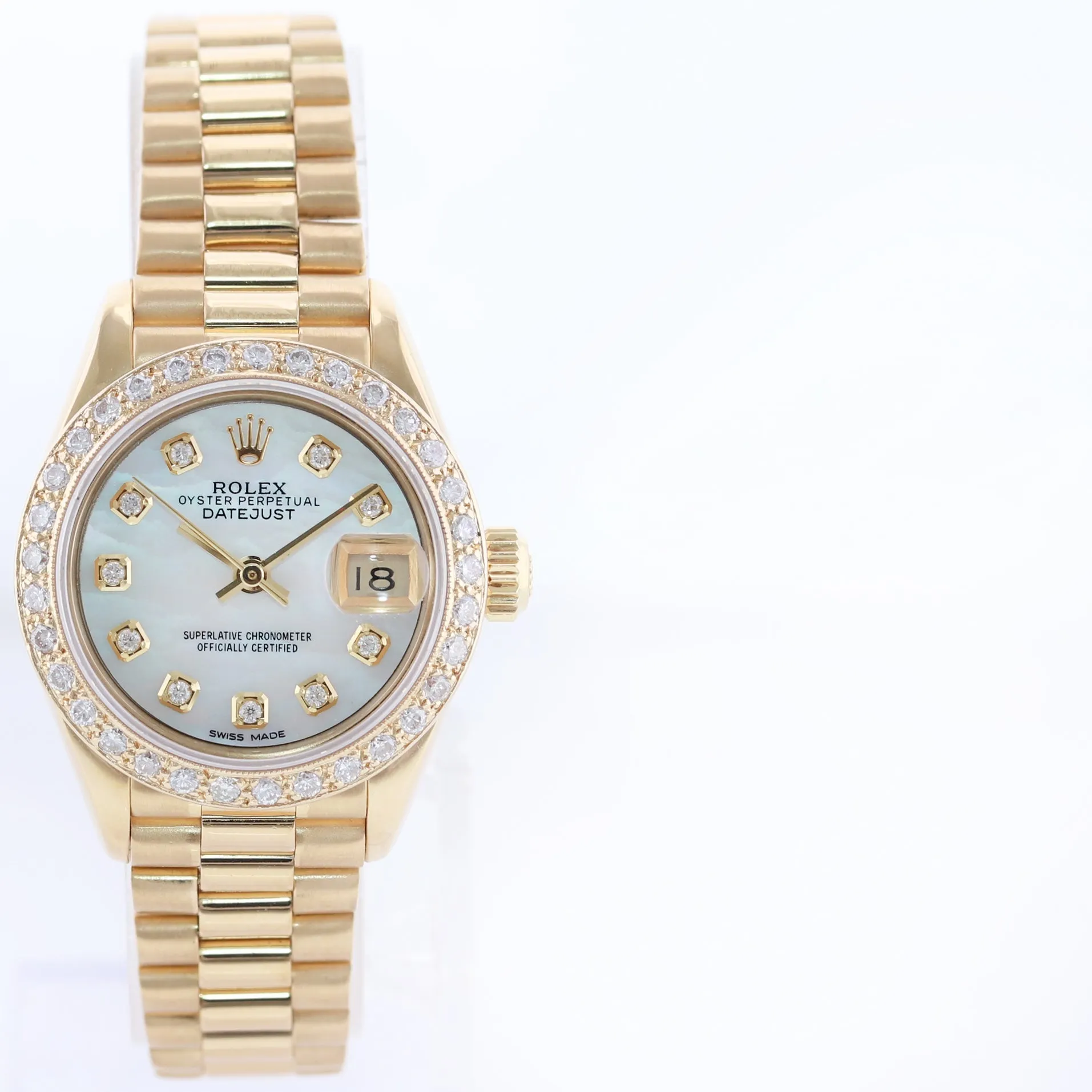 Pearl Diamond Ladies Rolex DateJust President 26mm 69178 Yellow Gold Watch Box
