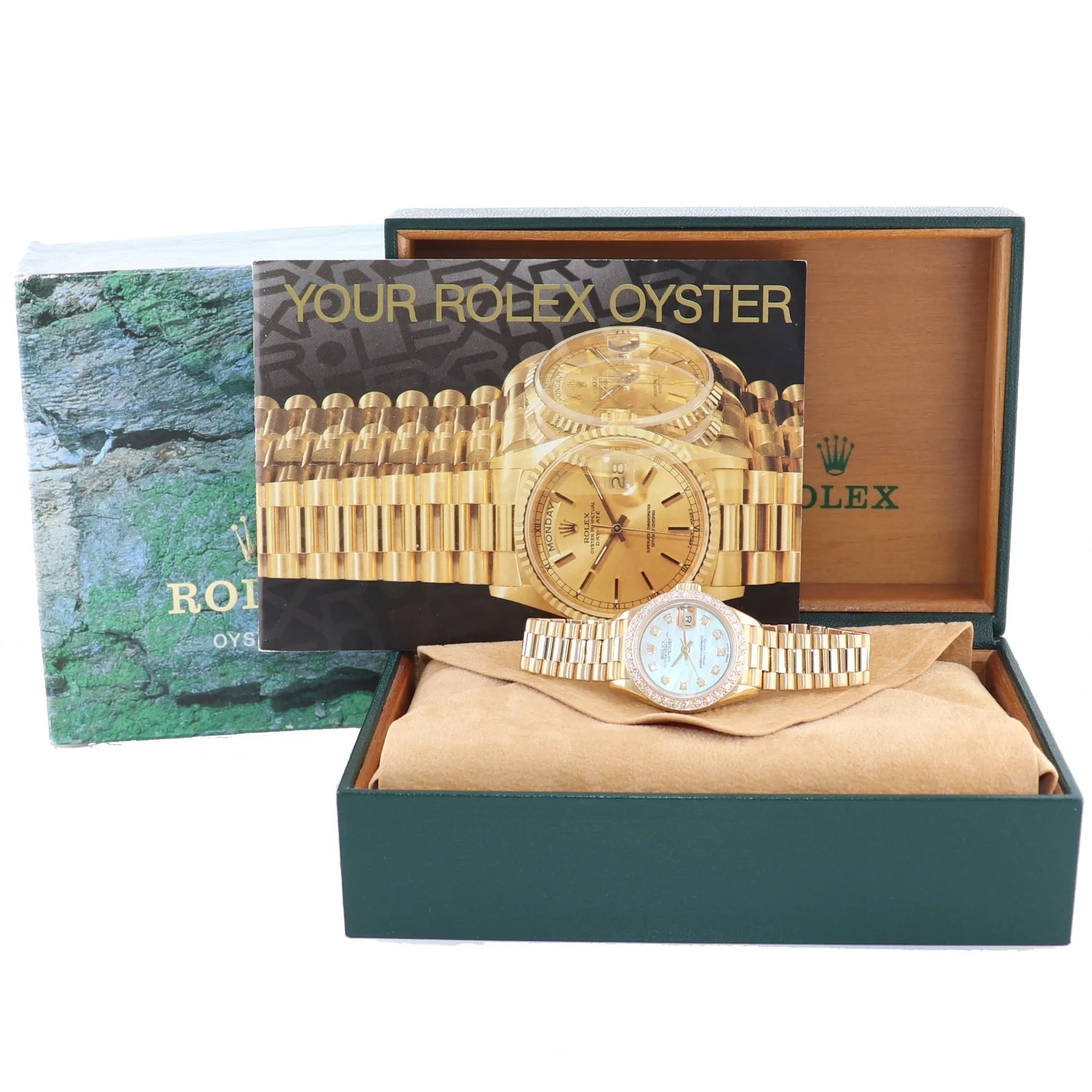 Pearl Diamond Ladies Rolex DateJust President 26mm 69178 Yellow Gold Watch Box