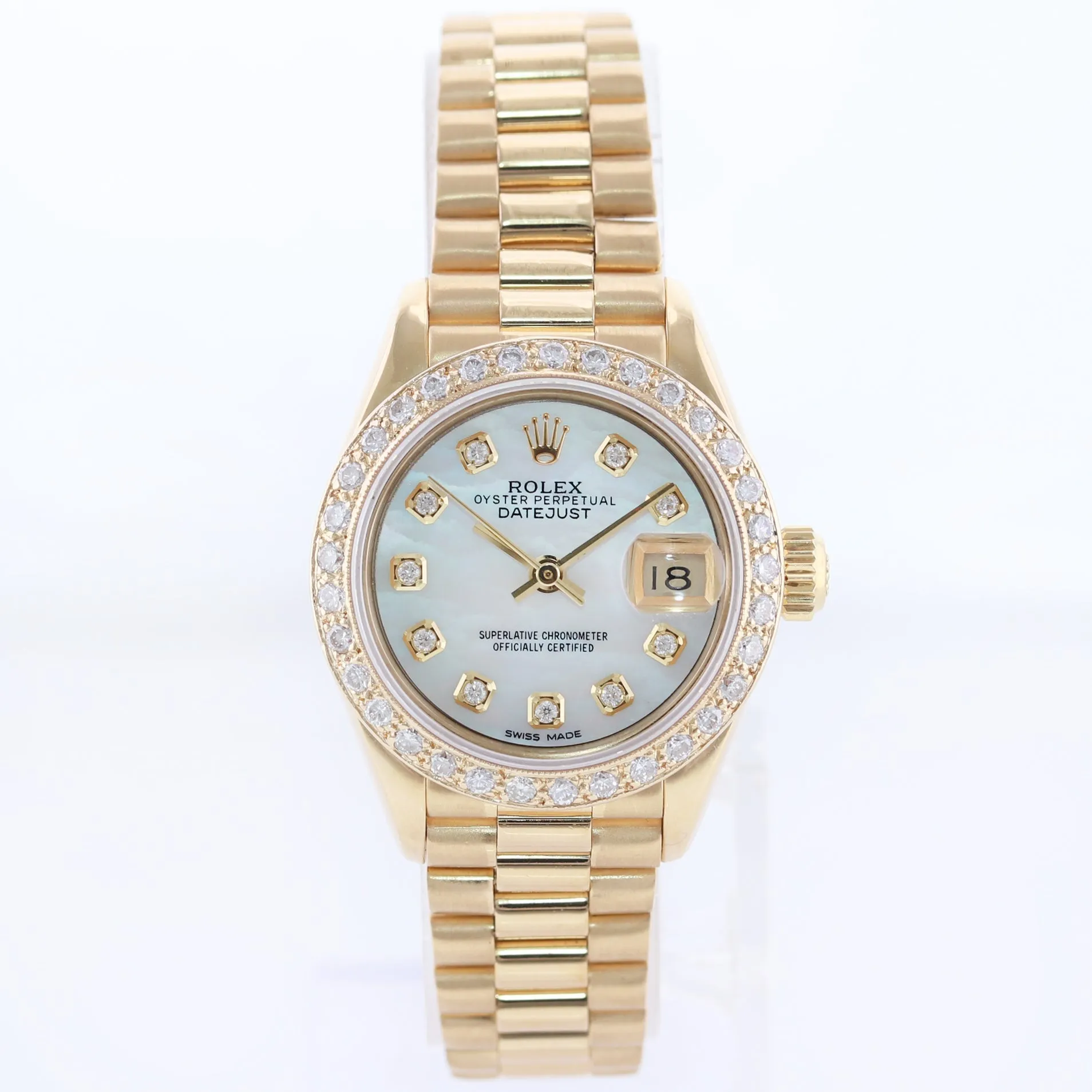 Pearl Diamond Ladies Rolex DateJust President 26mm 69178 Yellow Gold Watch Box
