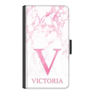 Personalised Nokia Phone Leather Wallet with Pink Monogram and Text on Pink Marble