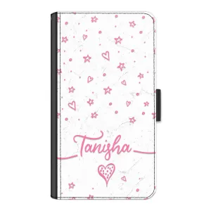 Personalised Nokia Phone Leather Wallet with Pink Stylish text, Stars and Hearts on White Marble