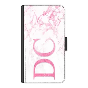 Personalised OnePlus Phone Leather Wallet with Pink Initials on Pink Marble