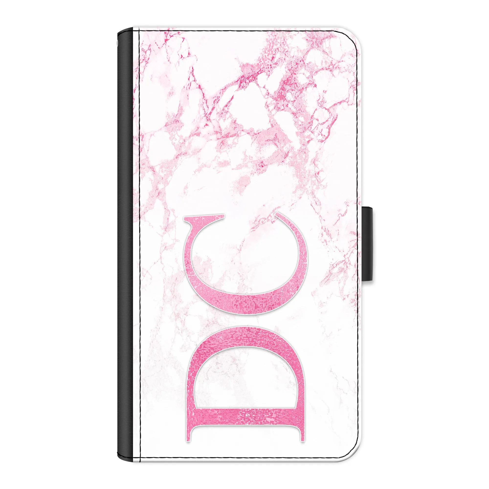 Personalised OnePlus Phone Leather Wallet with Pink Initials on Pink Marble