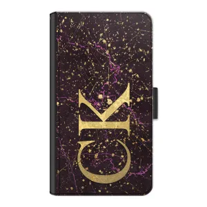 Personalised Oppo Phone Leather Wallet with Gold Initials on Pink and Gold Infused Black Marble