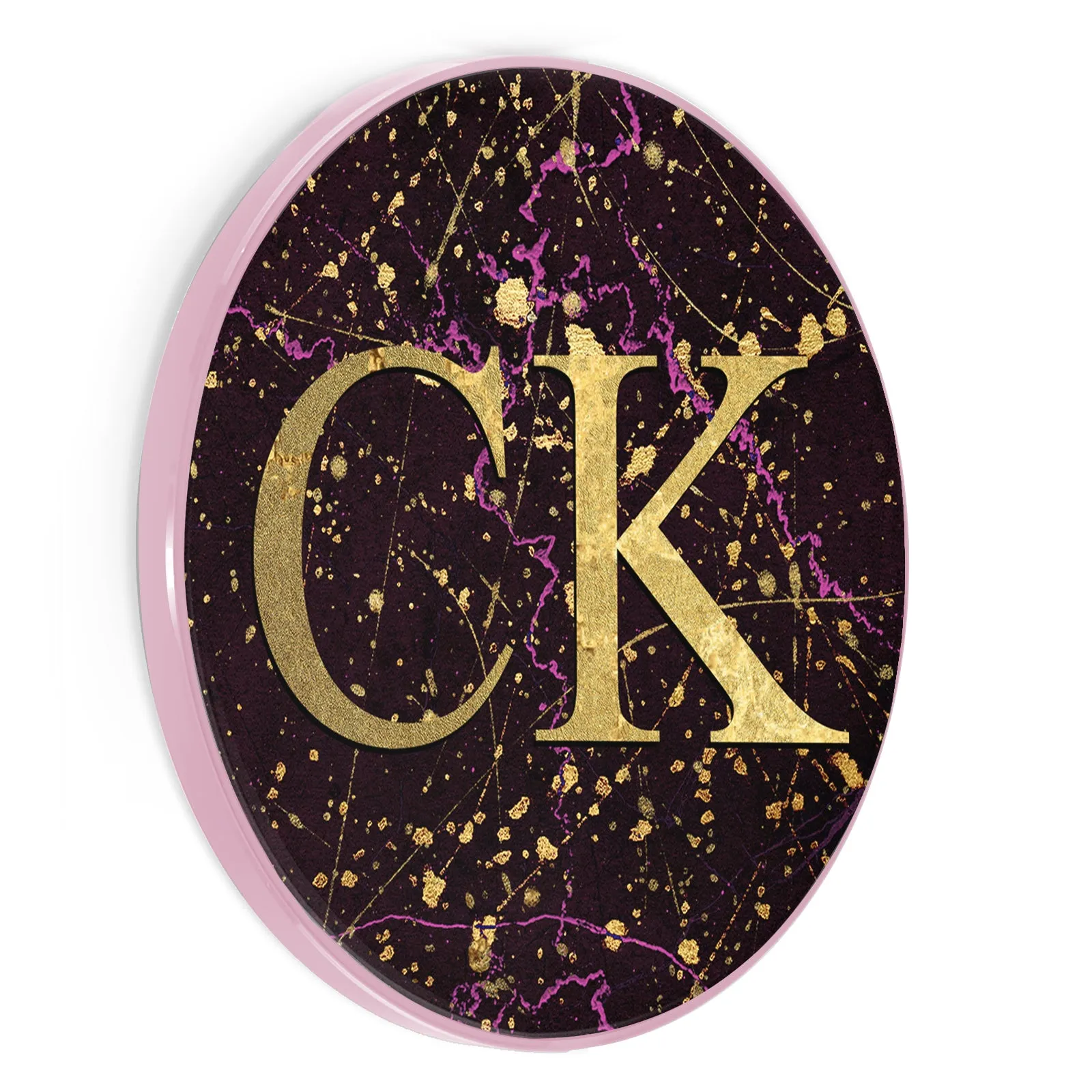 Personalised Wireless Charger with Gold Initials on Pink and Gold Infused Black Marble