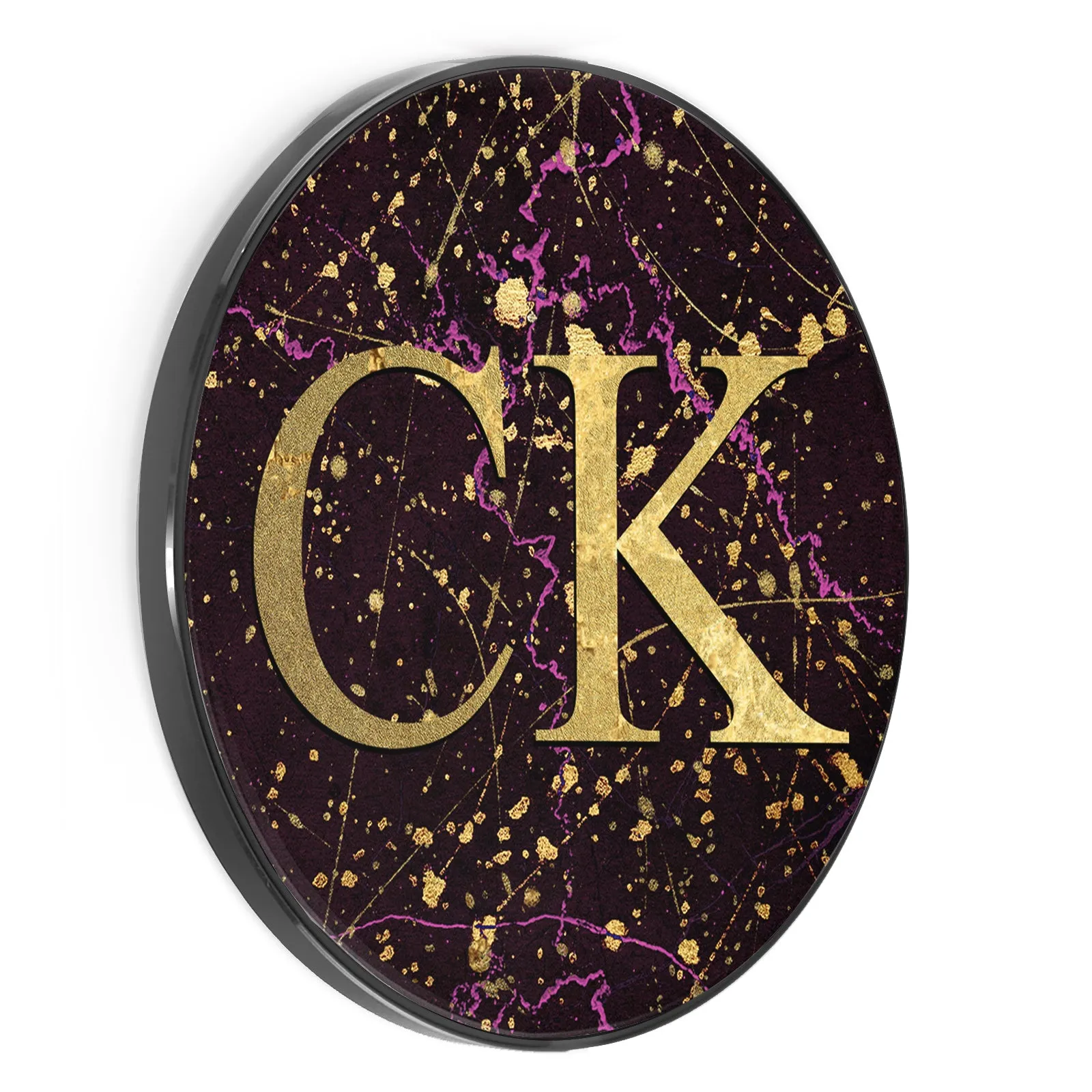 Personalised Wireless Charger with Gold Initials on Pink and Gold Infused Black Marble