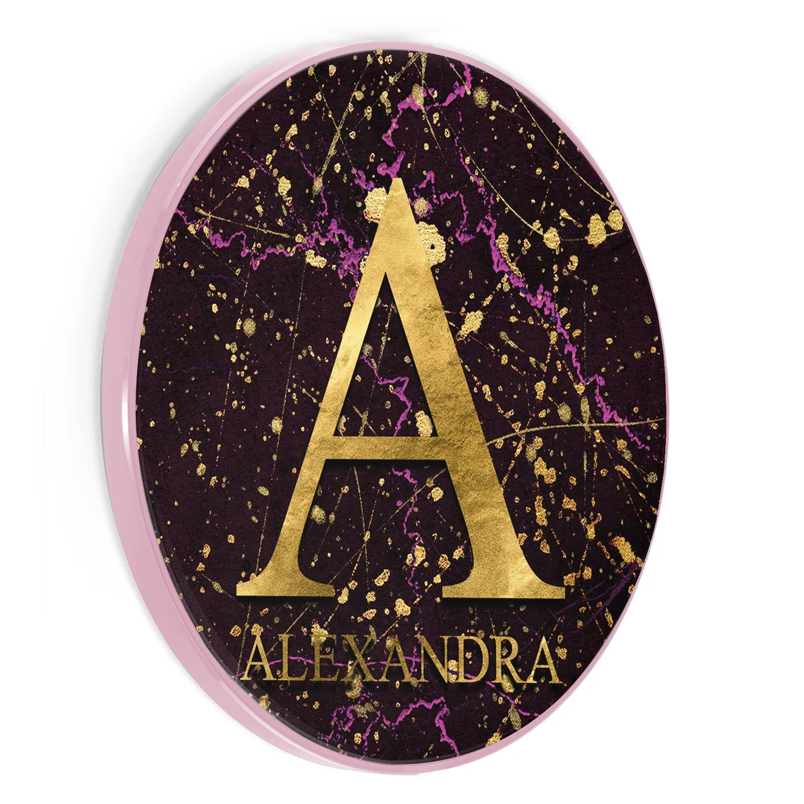 Personalised Wireless Charger with Gold Monogram and Text on Pink and Gold Infused Black Marble