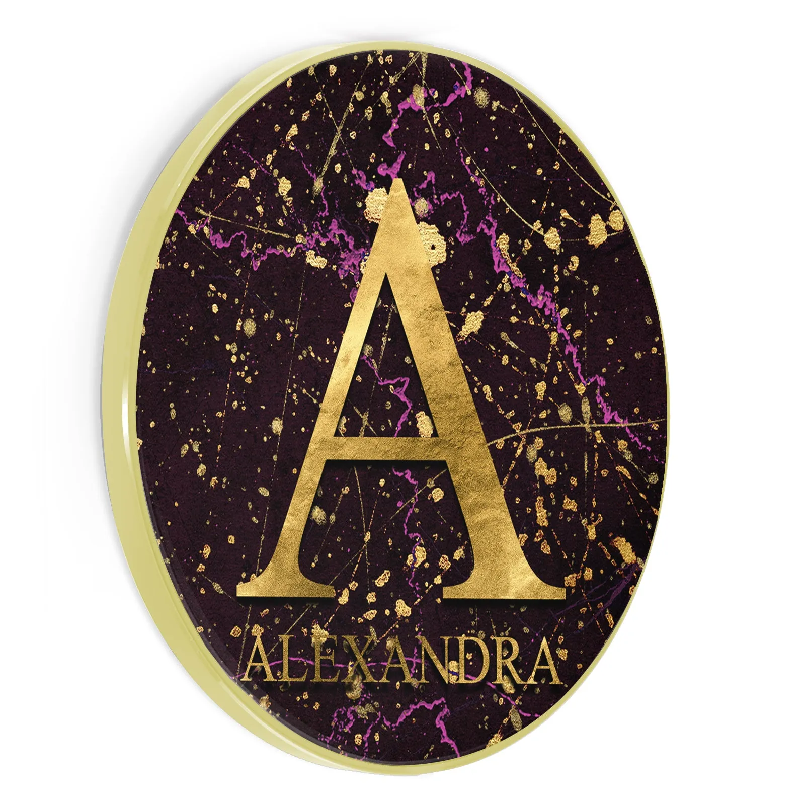 Personalised Wireless Charger with Gold Monogram and Text on Pink and Gold Infused Black Marble