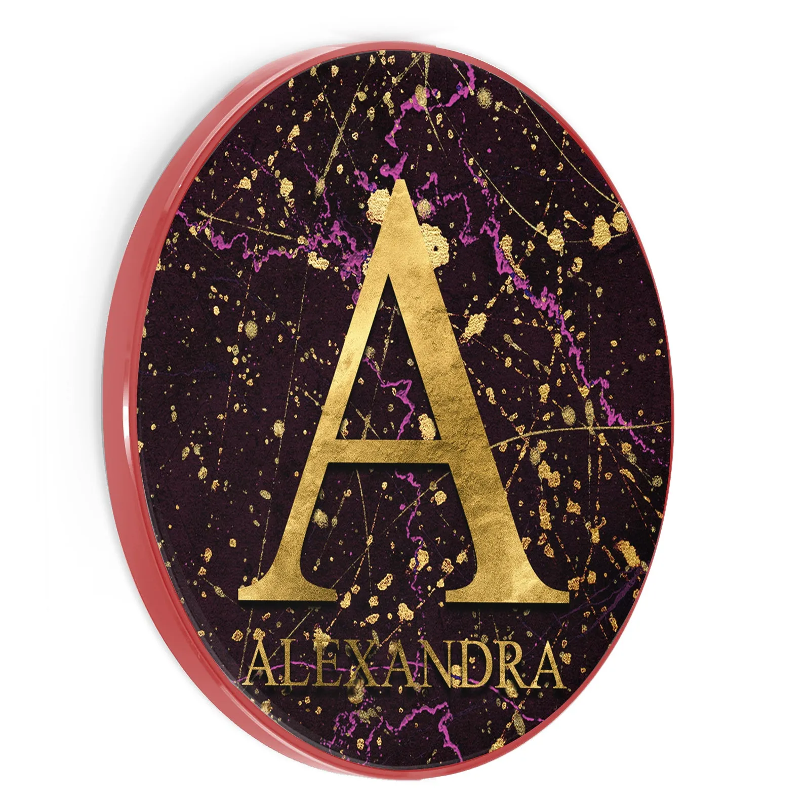 Personalised Wireless Charger with Gold Monogram and Text on Pink and Gold Infused Black Marble