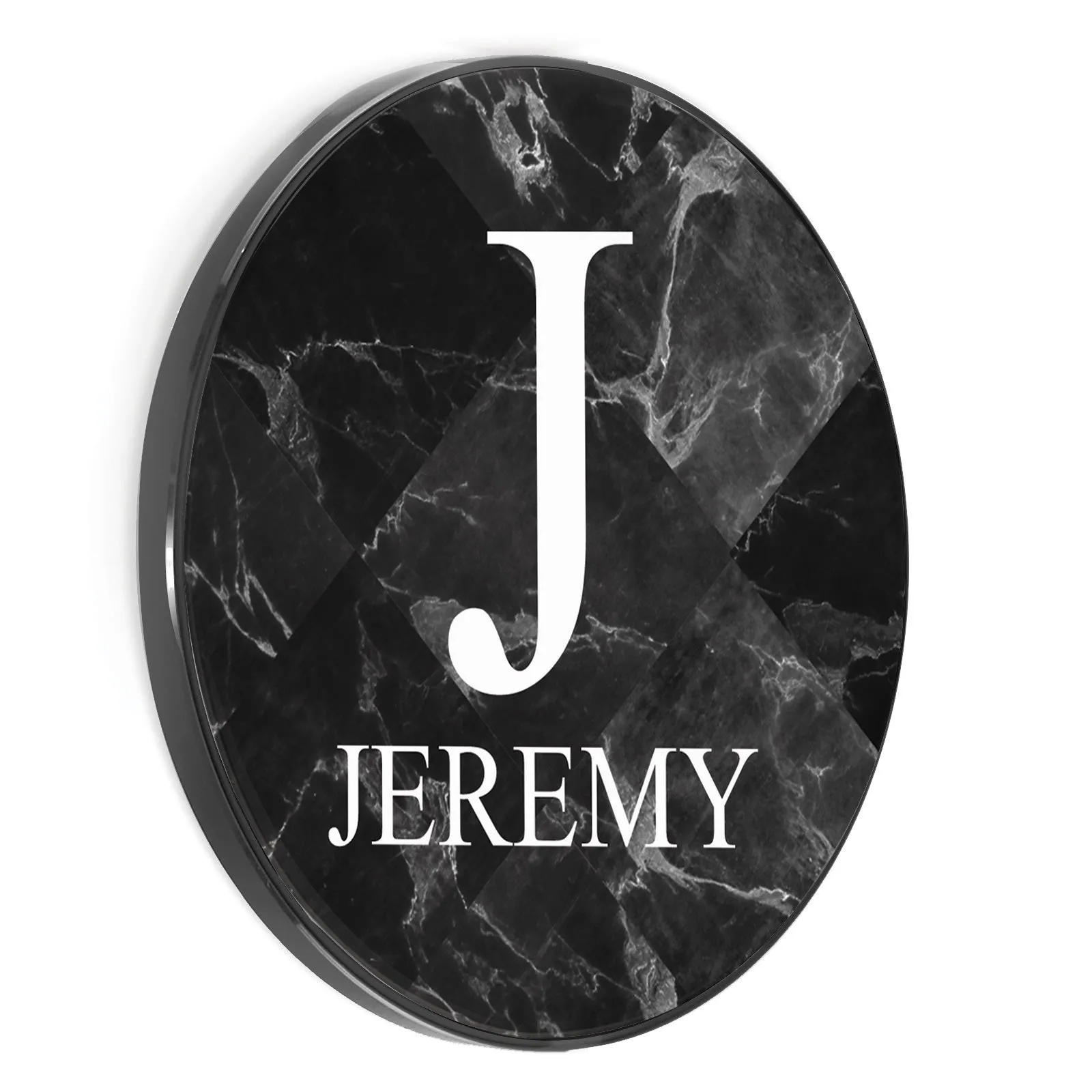 Personalised Wireless Charger with Traditional Monogram and Text on Black Marble