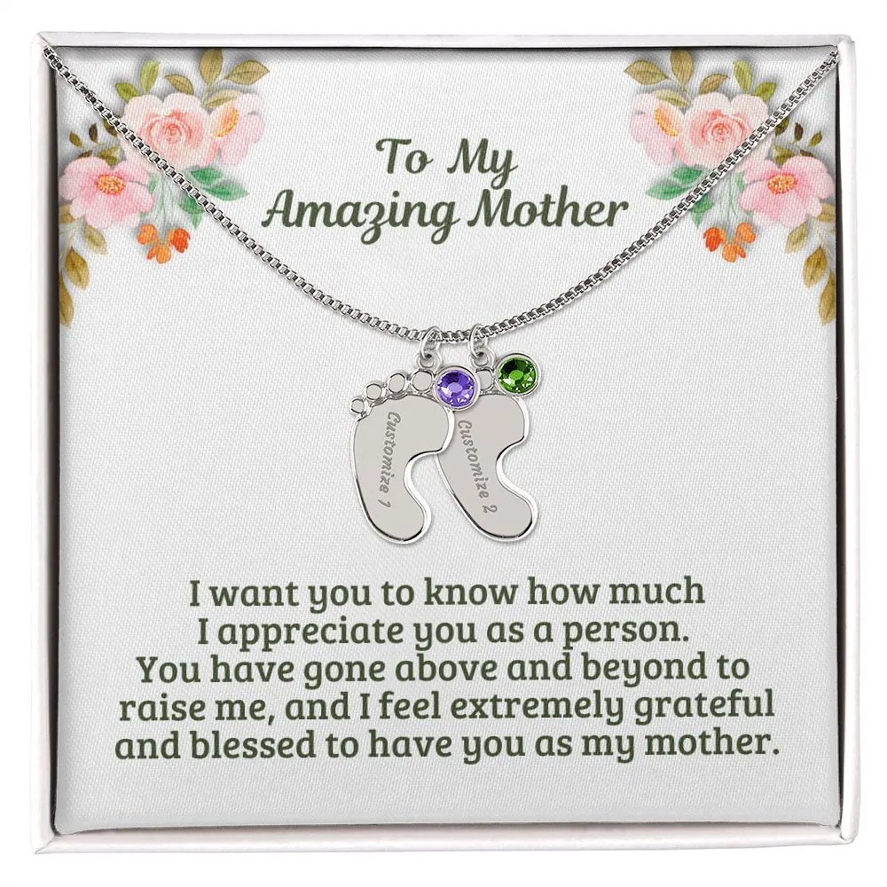 Personalized Baby Feet Name Necklace with Birthstone – Custom Engraved Gift for Moms, Mums, New Mothers, and Birthdays M45A