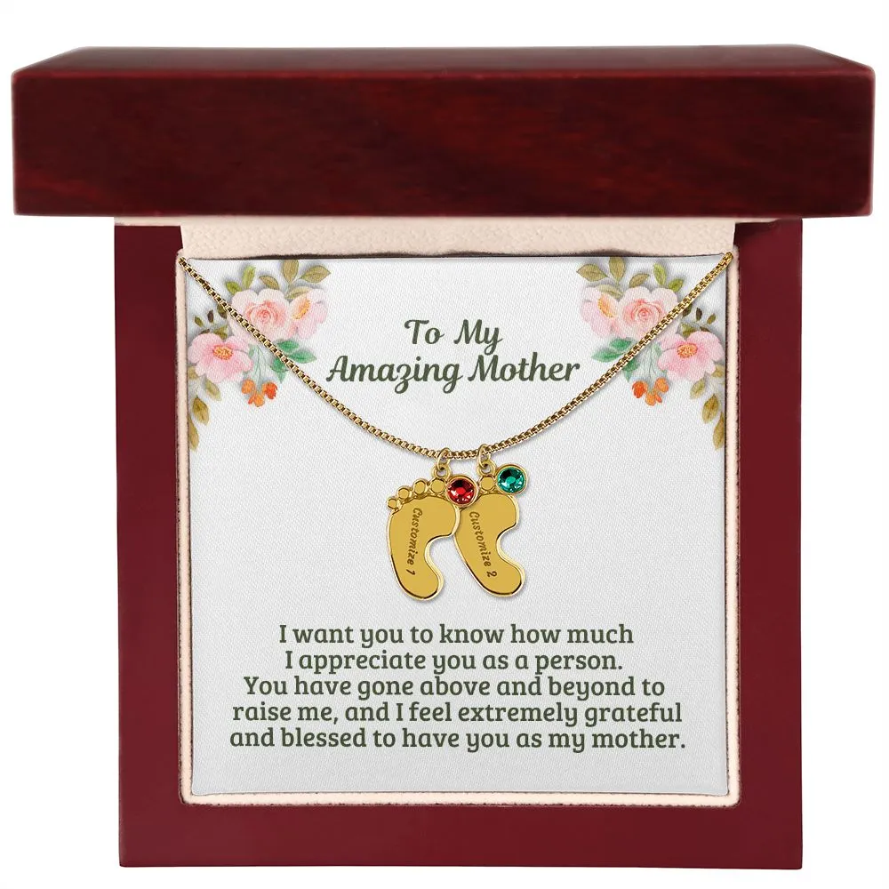 Personalized Baby Feet Name Necklace with Birthstone – Custom Engraved Gift for Moms, Mums, New Mothers, and Birthdays M45A