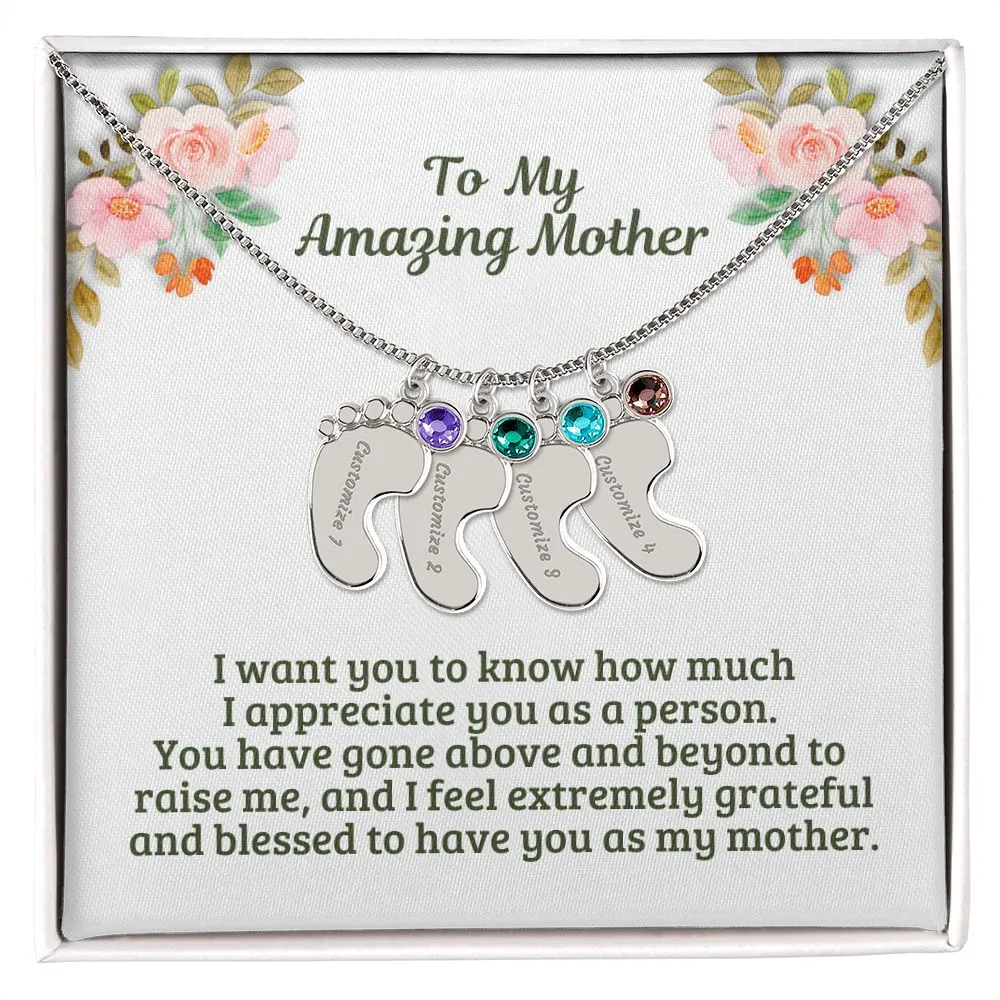 Personalized Baby Feet Name Necklace with Birthstone – Custom Engraved Gift for Moms, Mums, New Mothers, and Birthdays M45A