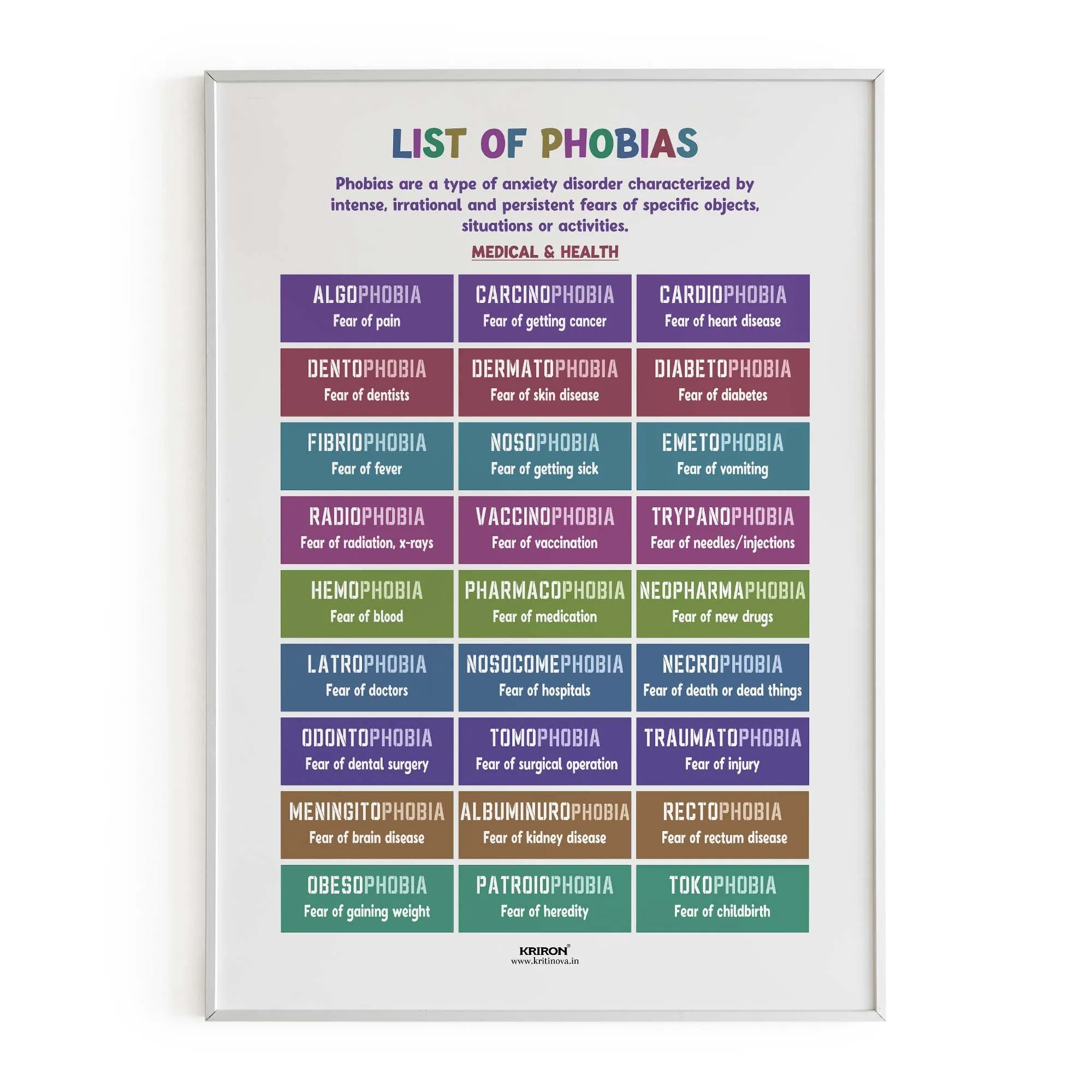 Phobias Part 1 - Medical & Health Phobias, English Language Poster, English Educational Poster, Kids Room Decor, Classroom Decor, English Vocabulary Poster, Homeschooling Poster