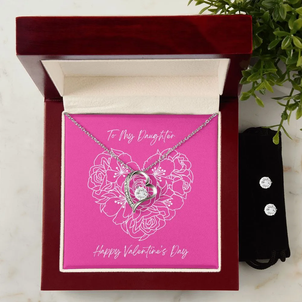 Pink Daughter Valentine's Forever Heart Necklace & Cubic Zirconia Earring Set