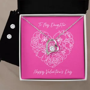 Pink Daughter Valentine's Forever Heart Necklace & Cubic Zirconia Earring Set