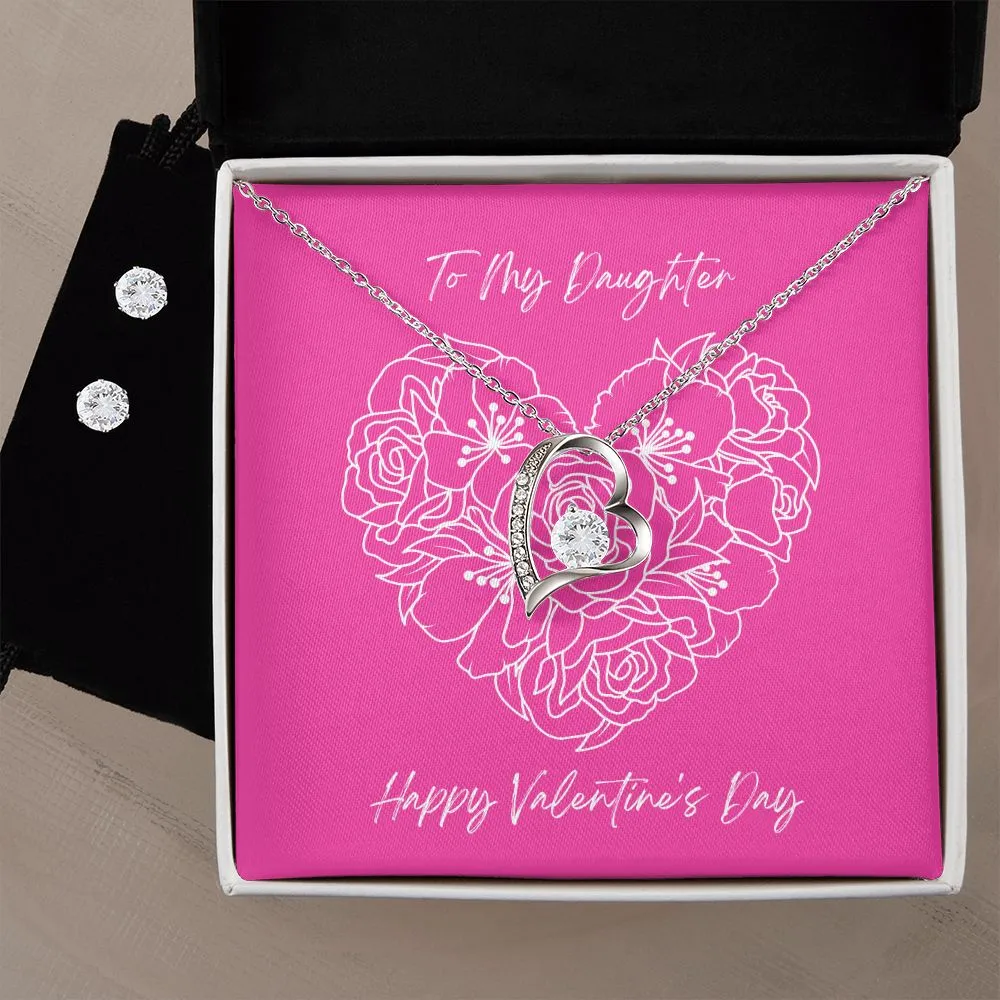 Pink Daughter Valentine's Forever Heart Necklace & Cubic Zirconia Earring Set