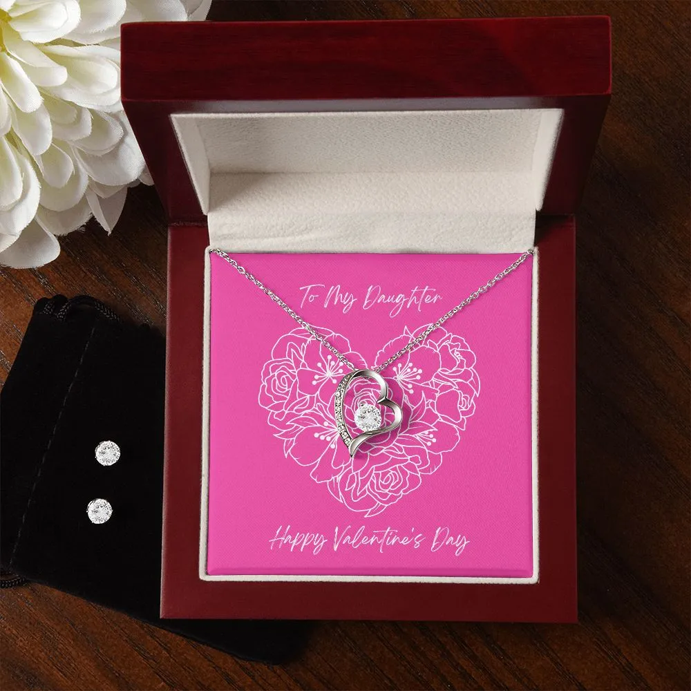 Pink Daughter Valentine's Forever Heart Necklace & Cubic Zirconia Earring Set