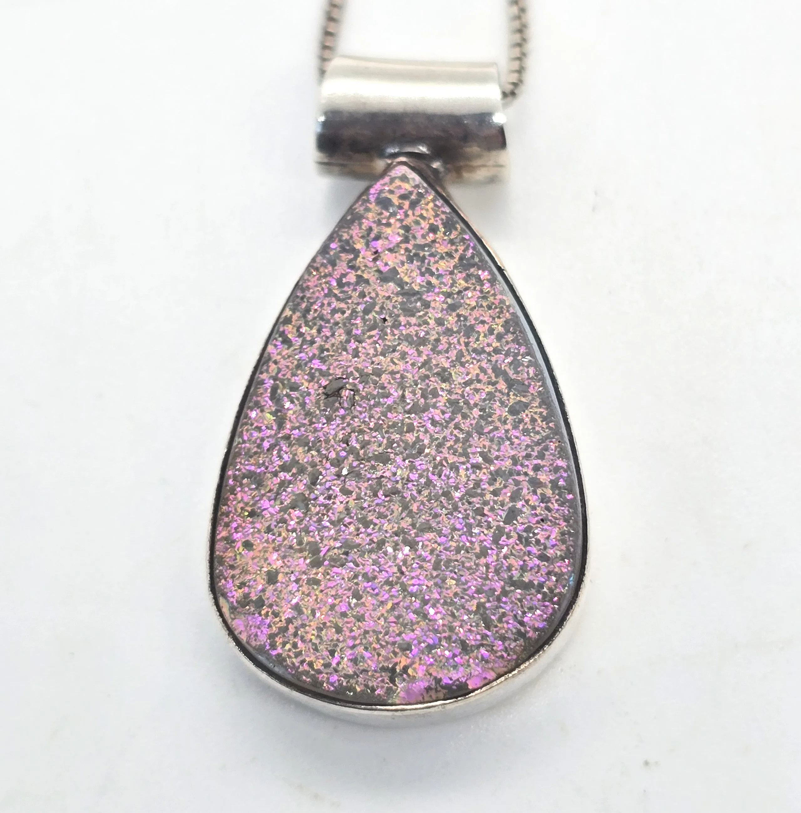 Pink Druzy quartz gemstone pear cut vintage pendant necklace