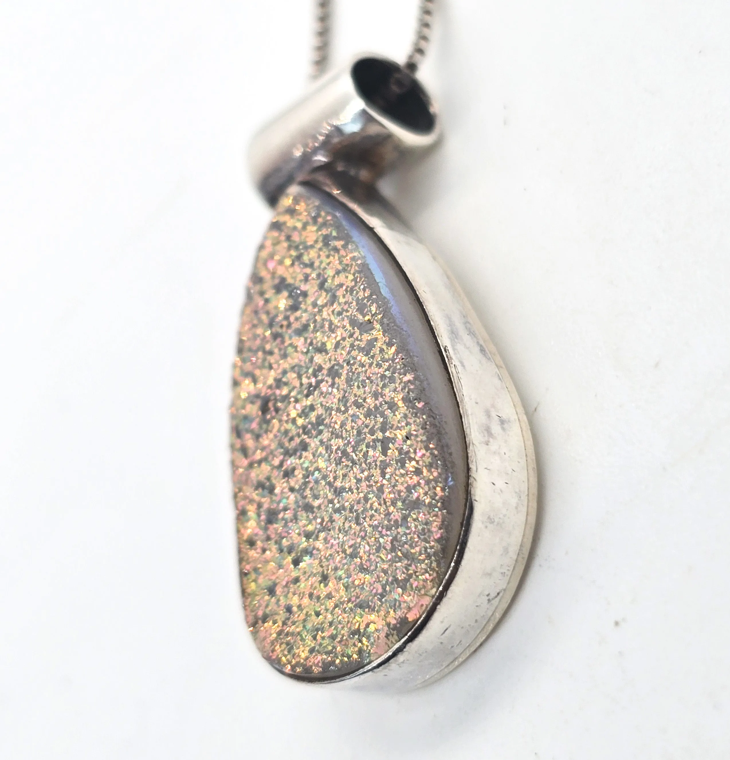 Pink Druzy quartz gemstone pear cut vintage pendant necklace
