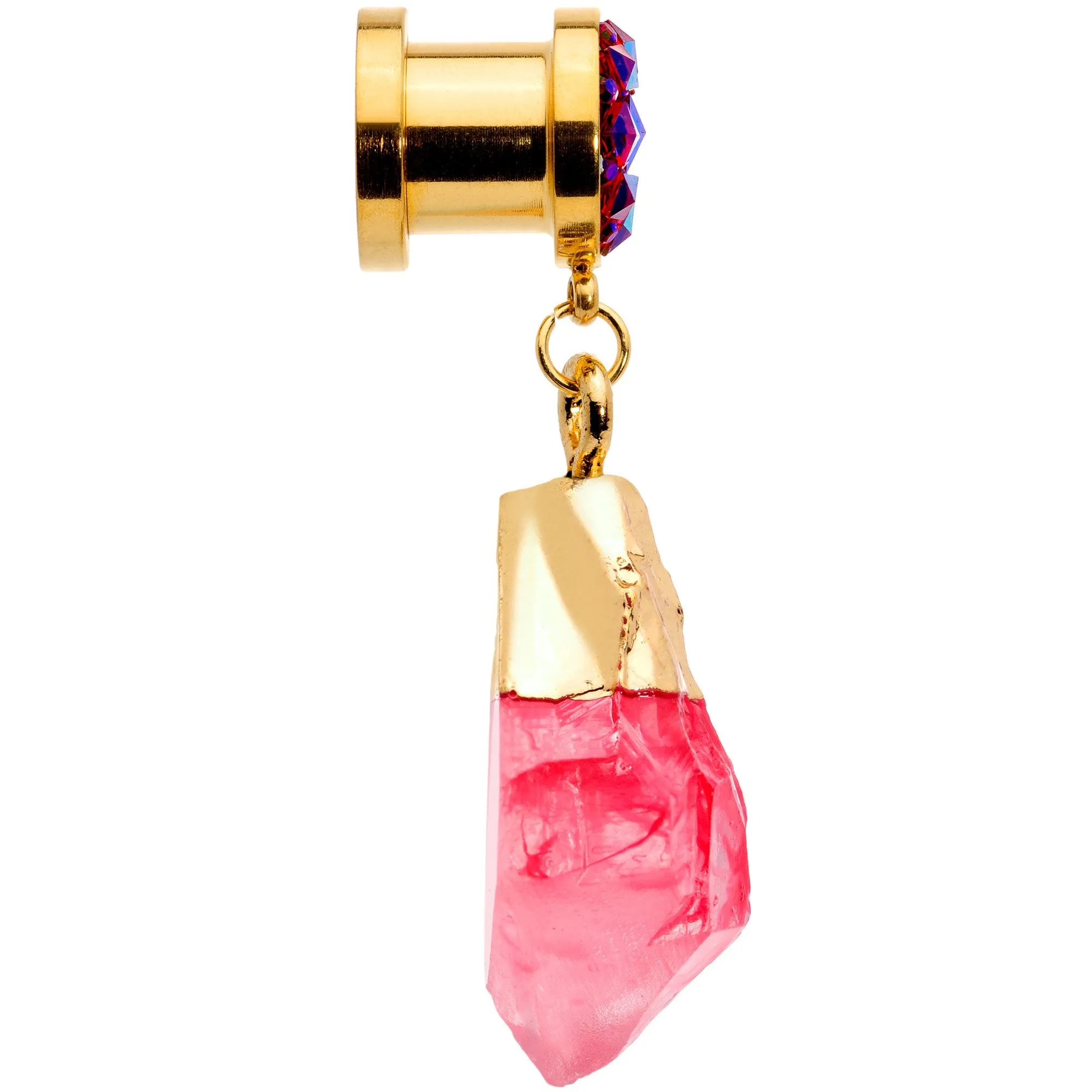 Pink Faux Druzy Quartz Gold Tone Dangle Screw Fit Plug Set 8mm to 16mm