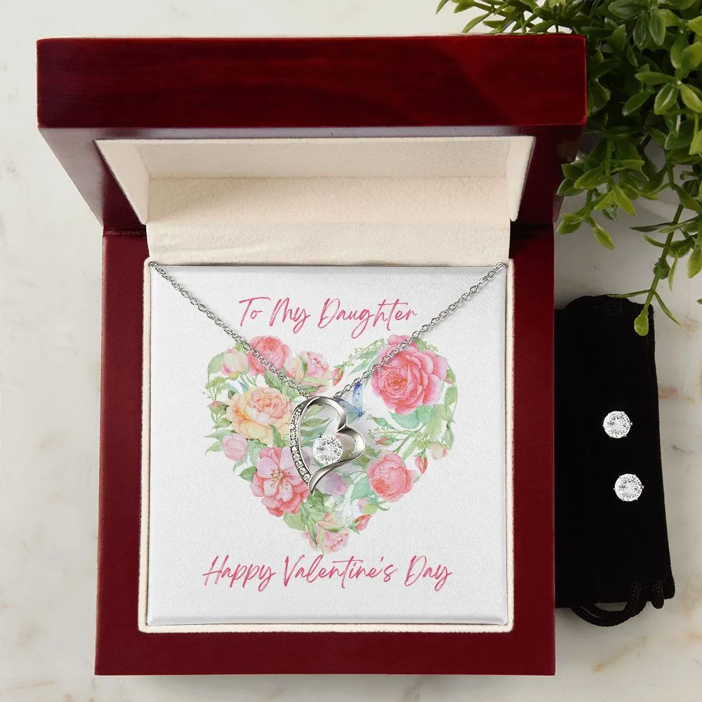 Pink Flower Heart Valentine's Forever Heart Necklace & Cubic Zirconia Earring Set