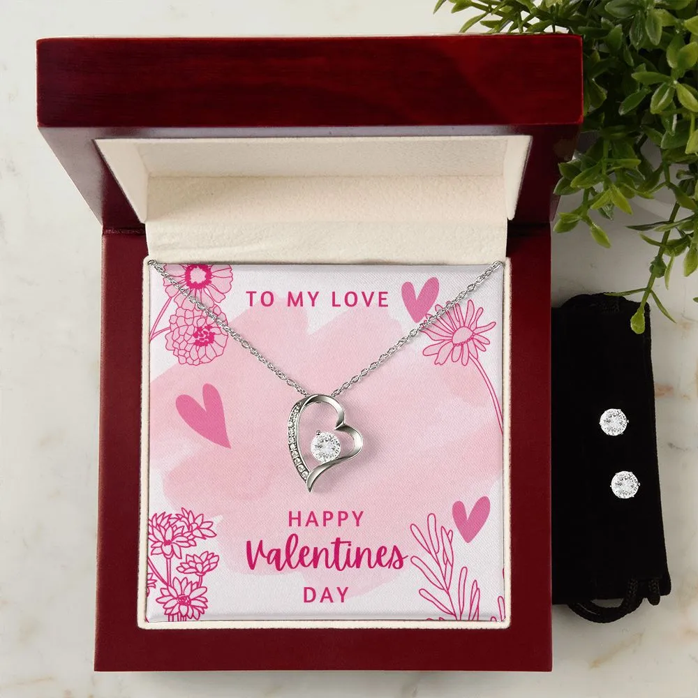 Pink Heart & Flowers Valentine's Forever Heart Necklace & Cubic Zirconia Earring Set