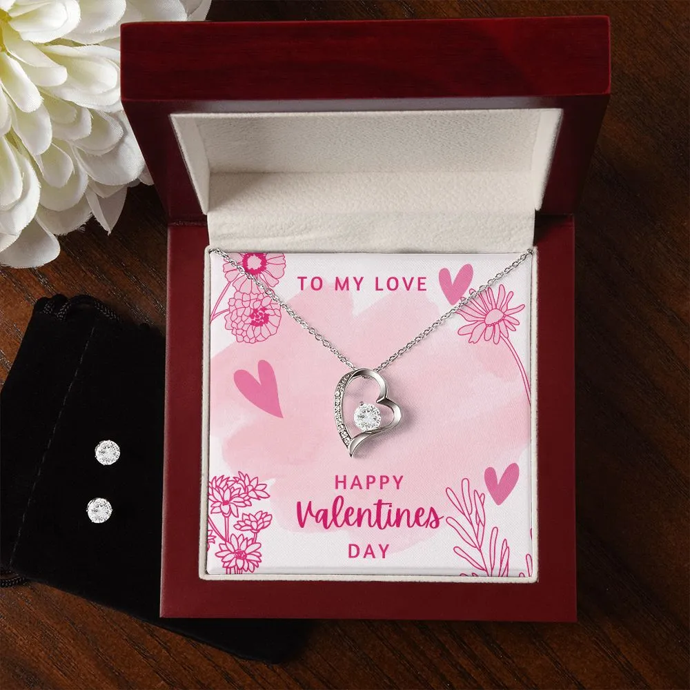 Pink Heart & Flowers Valentine's Forever Heart Necklace & Cubic Zirconia Earring Set