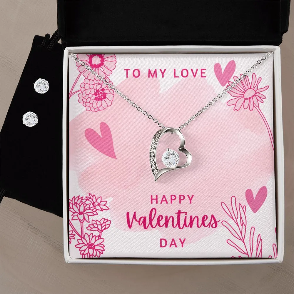 Pink Heart & Flowers Valentine's Forever Heart Necklace & Cubic Zirconia Earring Set