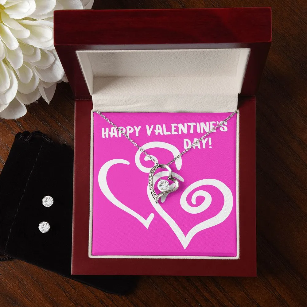 Pink Heart Valentine's Forever Heart Necklace & Cubic Zirconia Earring Set