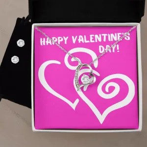 Pink Heart Valentine's Forever Heart Necklace & Cubic Zirconia Earring Set