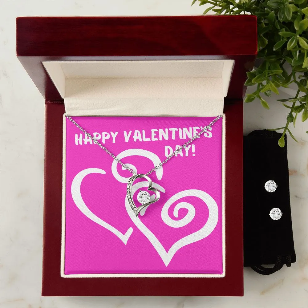 Pink Heart Valentine's Forever Heart Necklace & Cubic Zirconia Earring Set