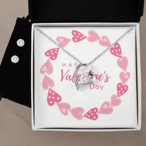 Pink Heart Valentine's Forever Heart Necklace & Cubic Zirconia Earring Set