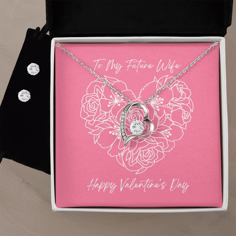 Pink Wife Valentine's Forever Heart Necklace & Cubic Zirconia Earring Set