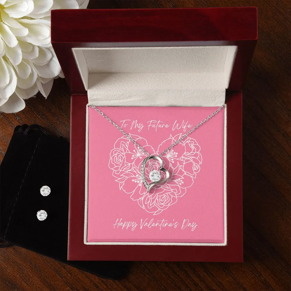 Pink Wife Valentine's Forever Heart Necklace & Cubic Zirconia Earring Set