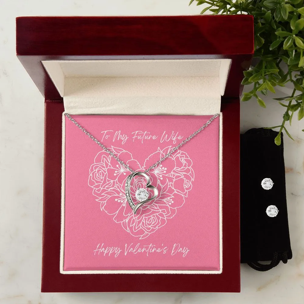 Pink Wife Valentine's Forever Heart Necklace & Cubic Zirconia Earring Set