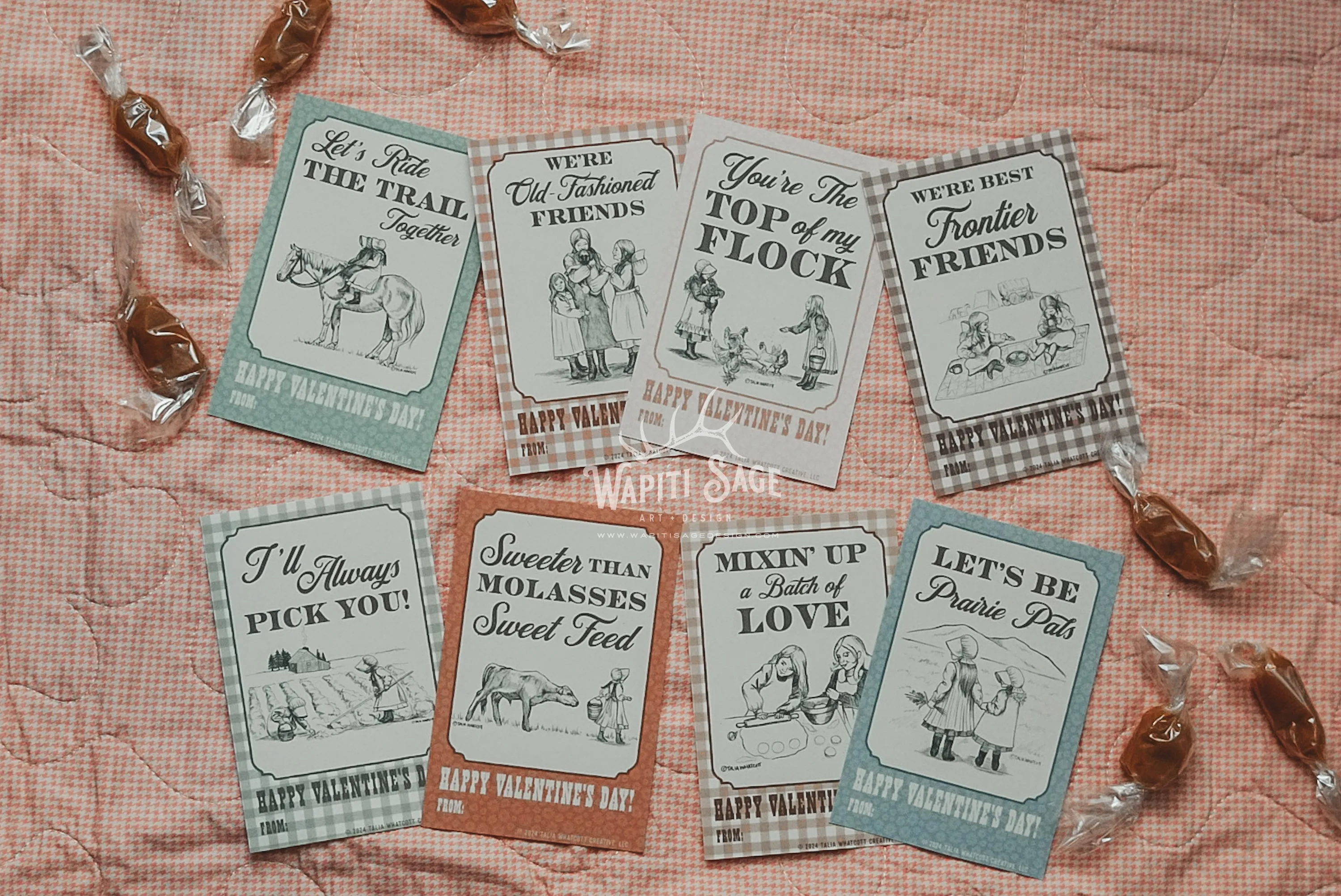 Pioneer Sisters Valentine Cards Digital Printable - Wapiti Sage Design x Paintbrush Prairie Podcast