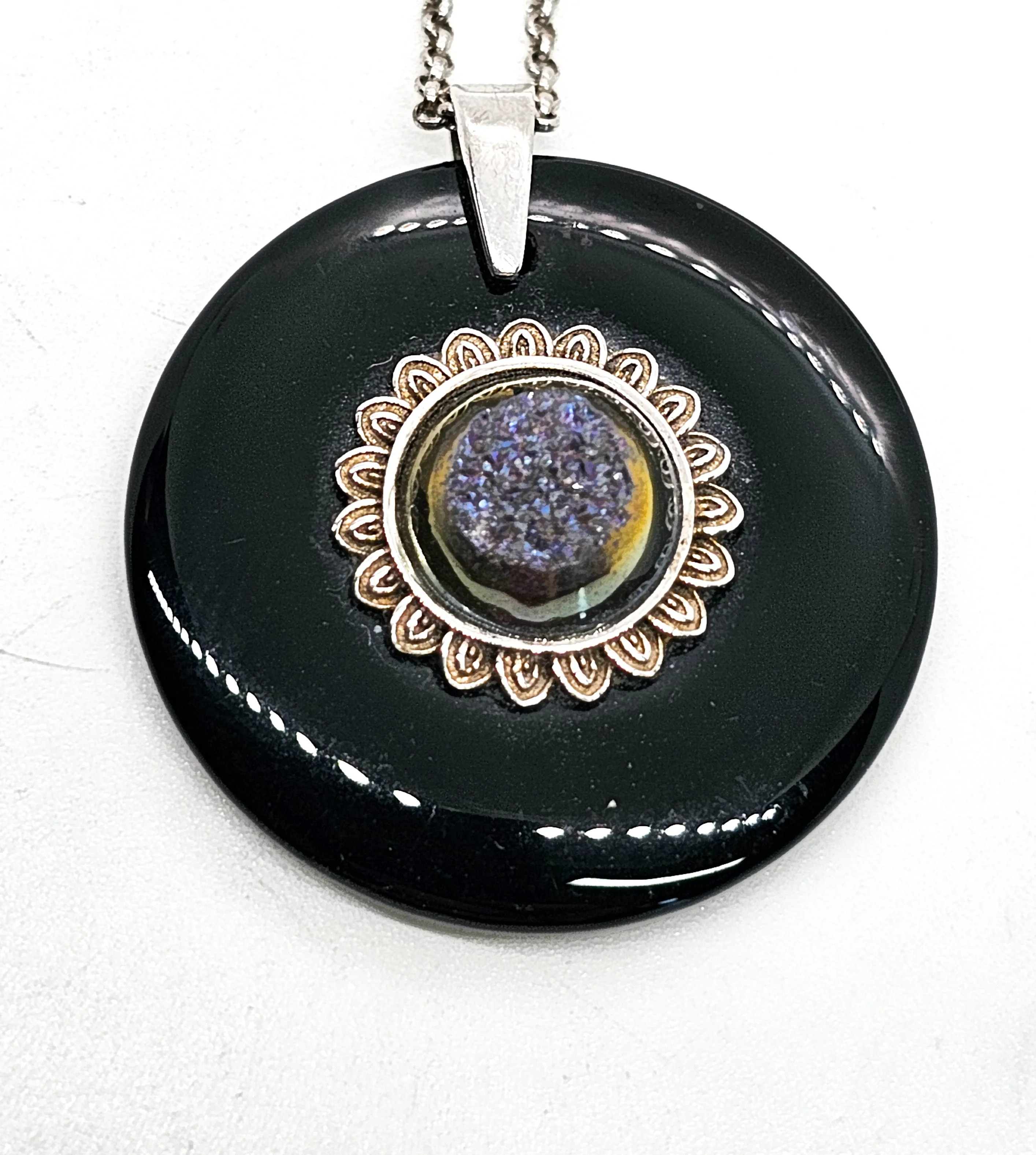 PJC Purple and gold titanium coated druzy in black onyx sterling silver necklace