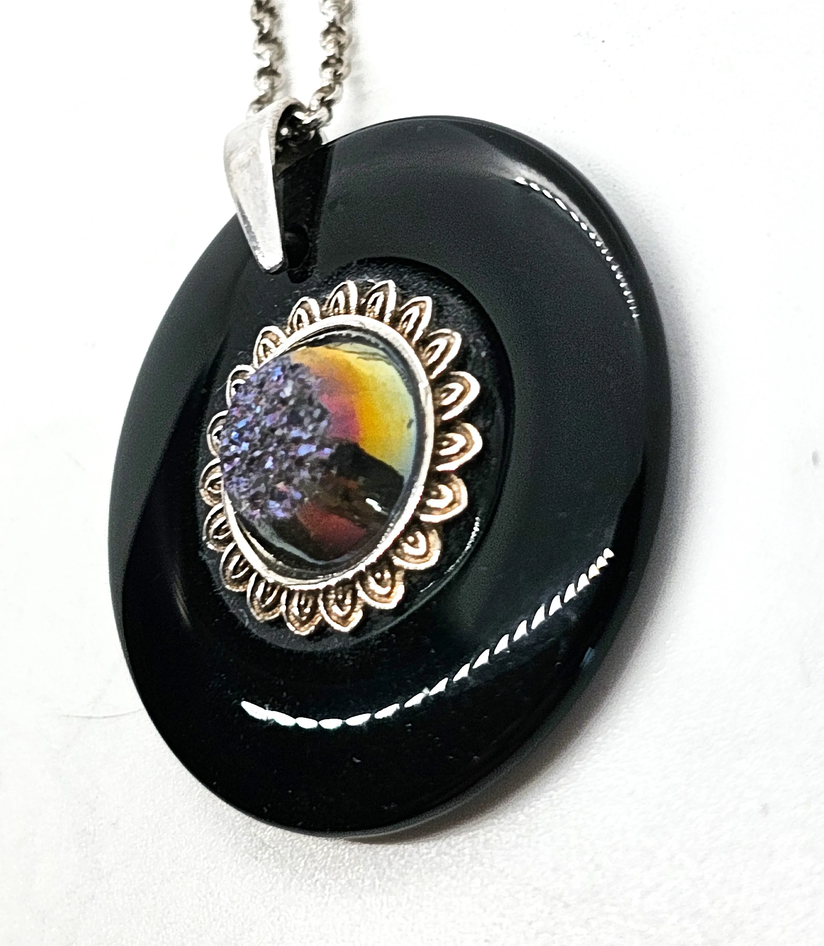PJC Purple and gold titanium coated druzy in black onyx sterling silver necklace