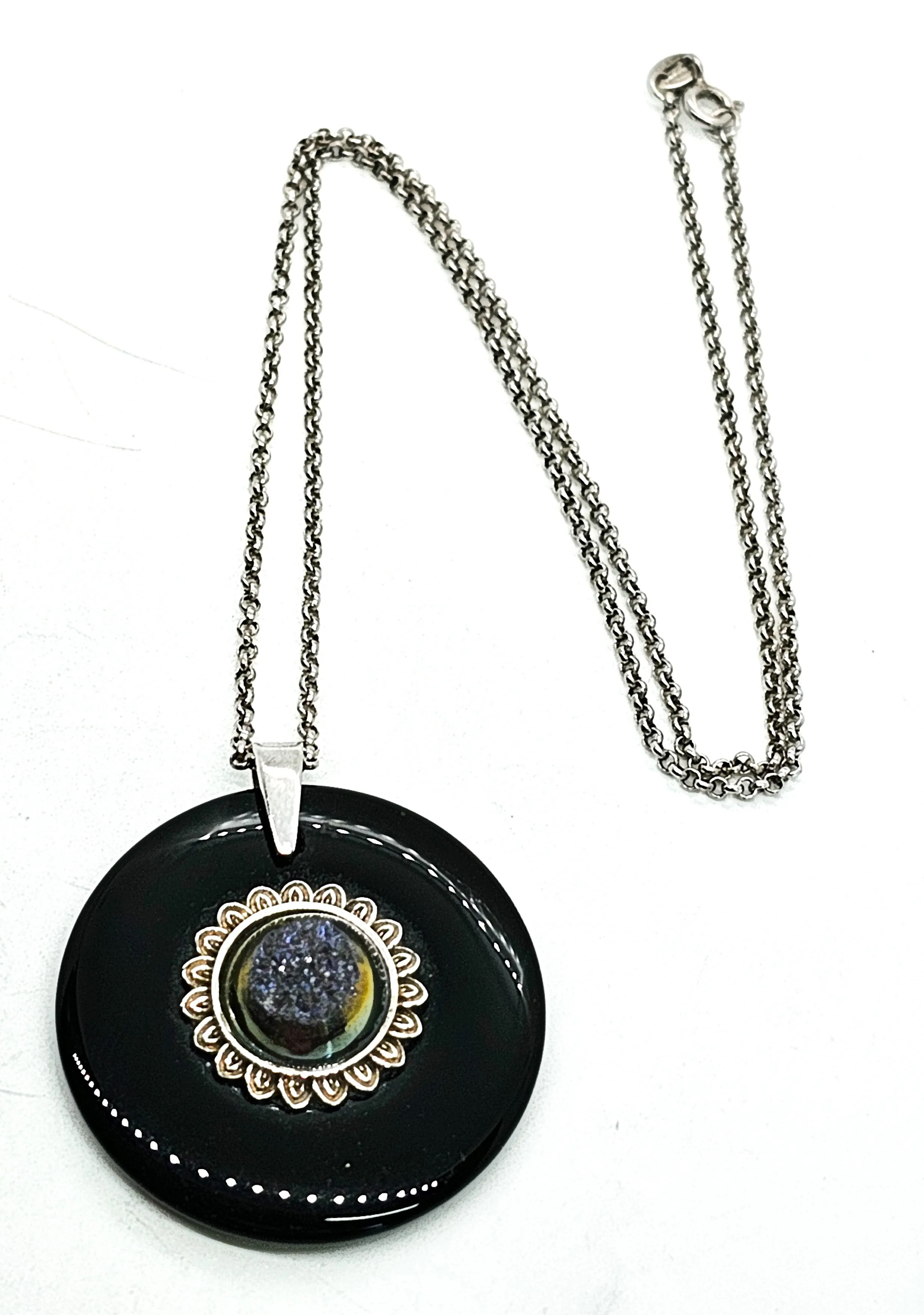 PJC Purple and gold titanium coated druzy in black onyx sterling silver necklace
