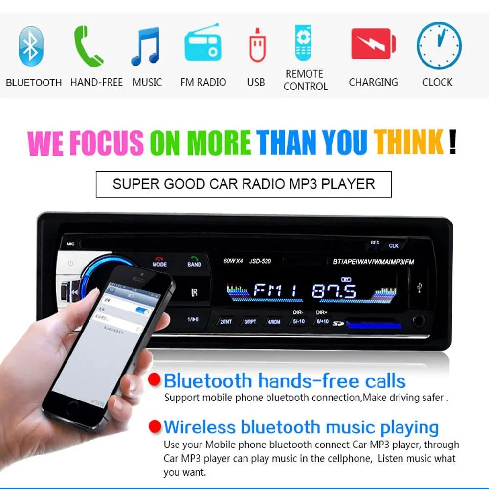 Podofo JSD-520 1 Din Car Radio Tape Recorder 5301 Bluetooth MP3 Player FM Audio Stereo Receiver Music USB/SD In Dash AUX Input