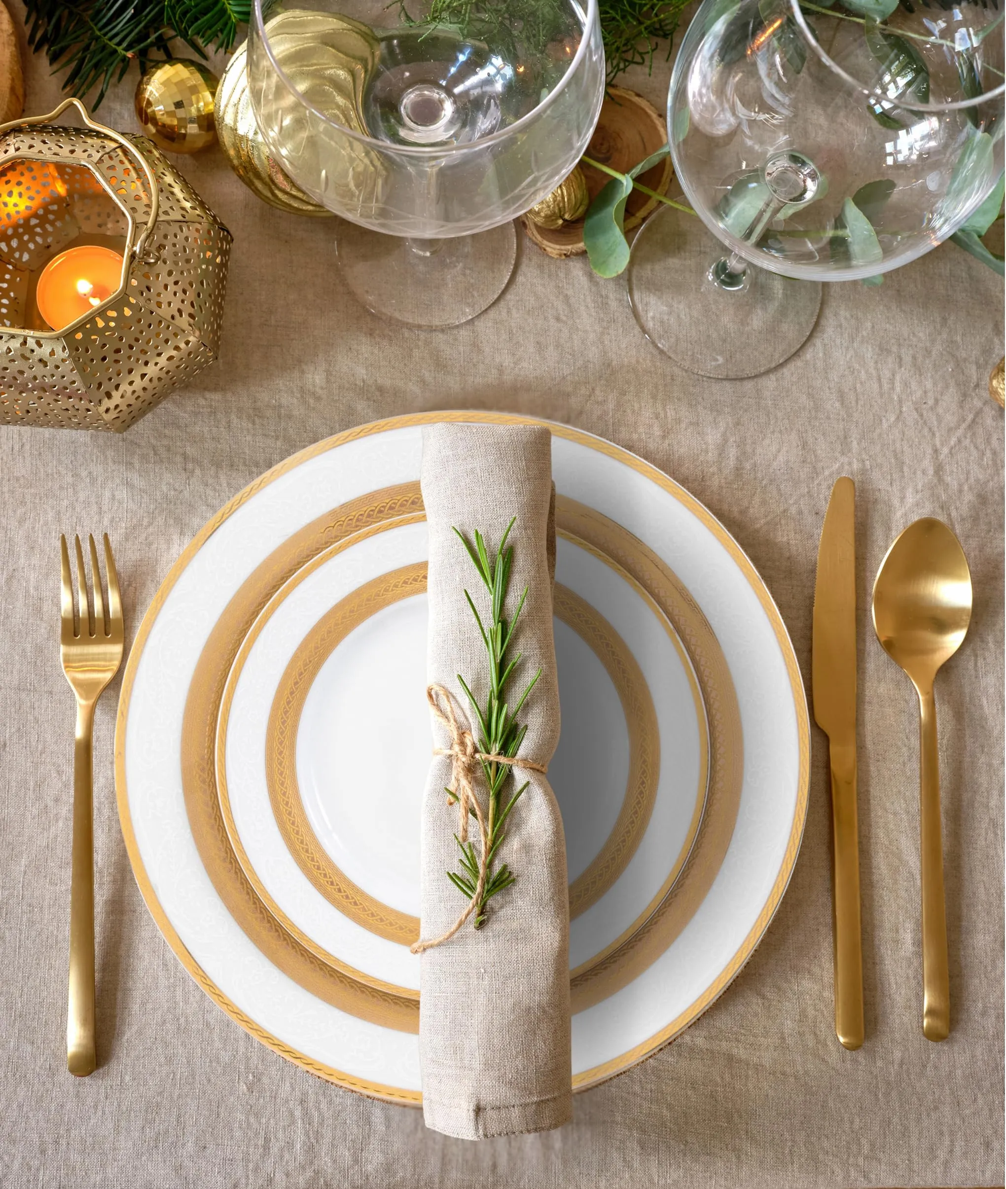 Porcelain Dinnerware Set for 8 - Gorgeous 49 Piece Dish Set - White and Gold Rope Design Porcelain Service for 8 - Chip Resistant Dining Set - For Everyday Use or Formal Occasions (Rope Gold 2049)