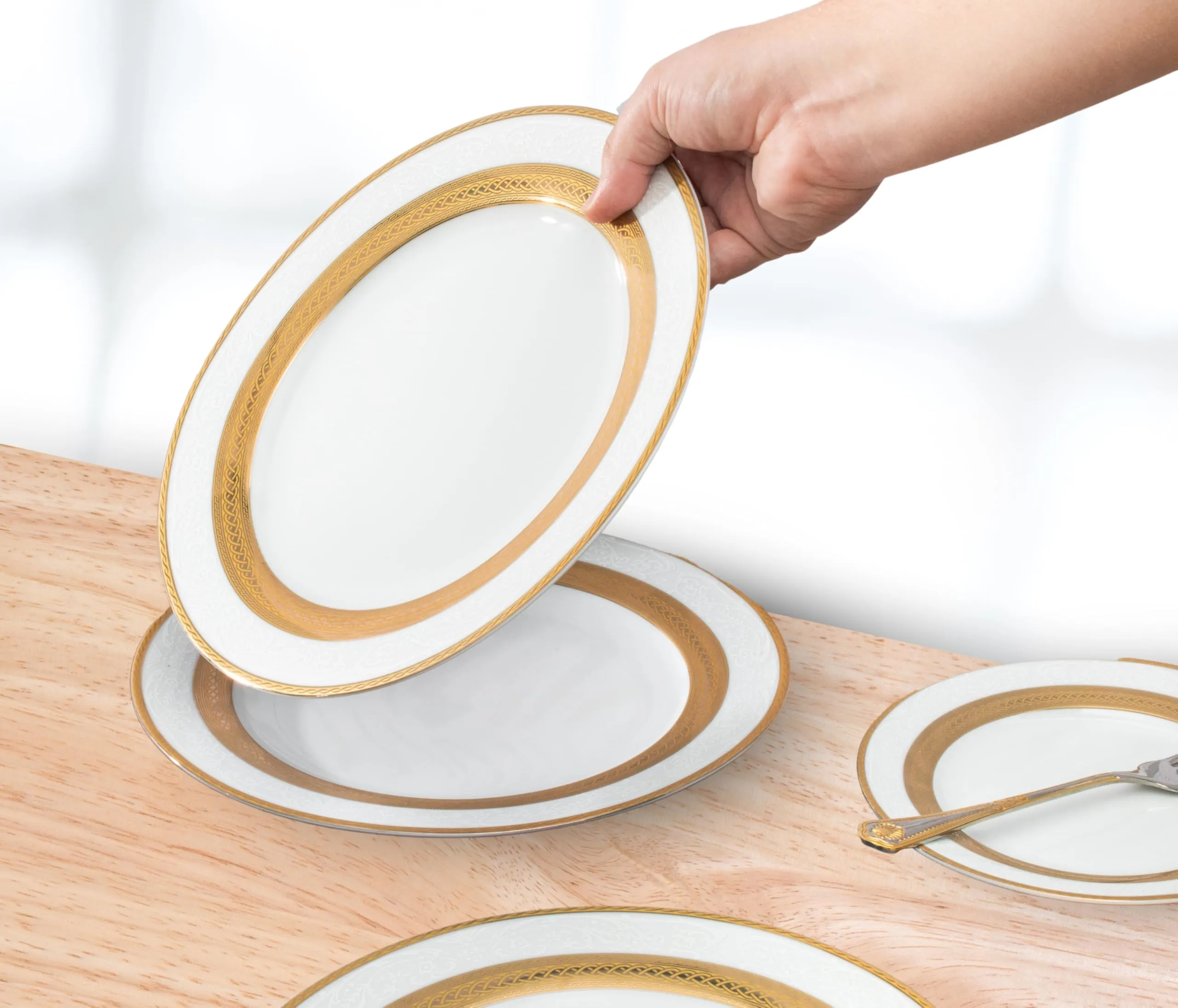 Porcelain Dinnerware Set for 8 - Gorgeous 49 Piece Dish Set - White and Gold Rope Design Porcelain Service for 8 - Chip Resistant Dining Set - For Everyday Use or Formal Occasions (Rope Gold 2049)