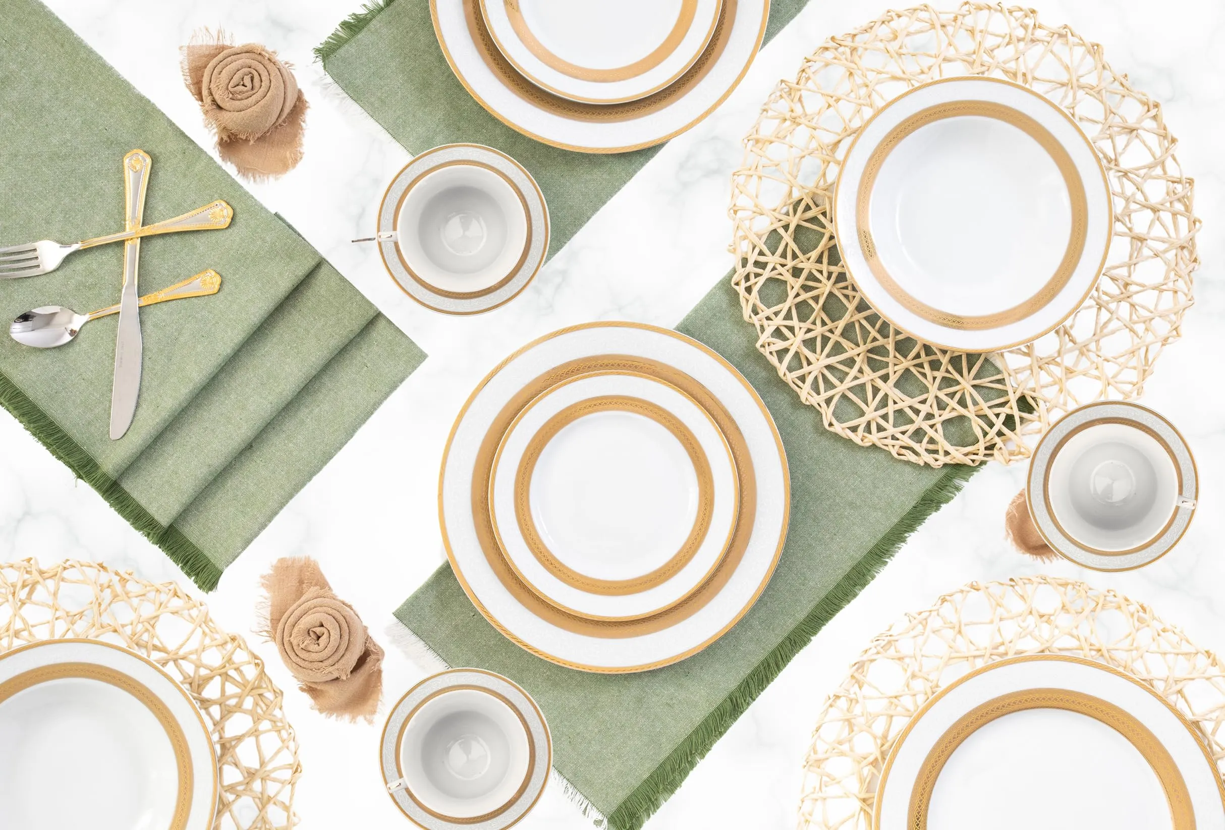 Porcelain Dinnerware Set for 8 - Gorgeous 49 Piece Dish Set - White and Gold Rope Design Porcelain Service for 8 - Chip Resistant Dining Set - For Everyday Use or Formal Occasions (Rope Gold 2049)