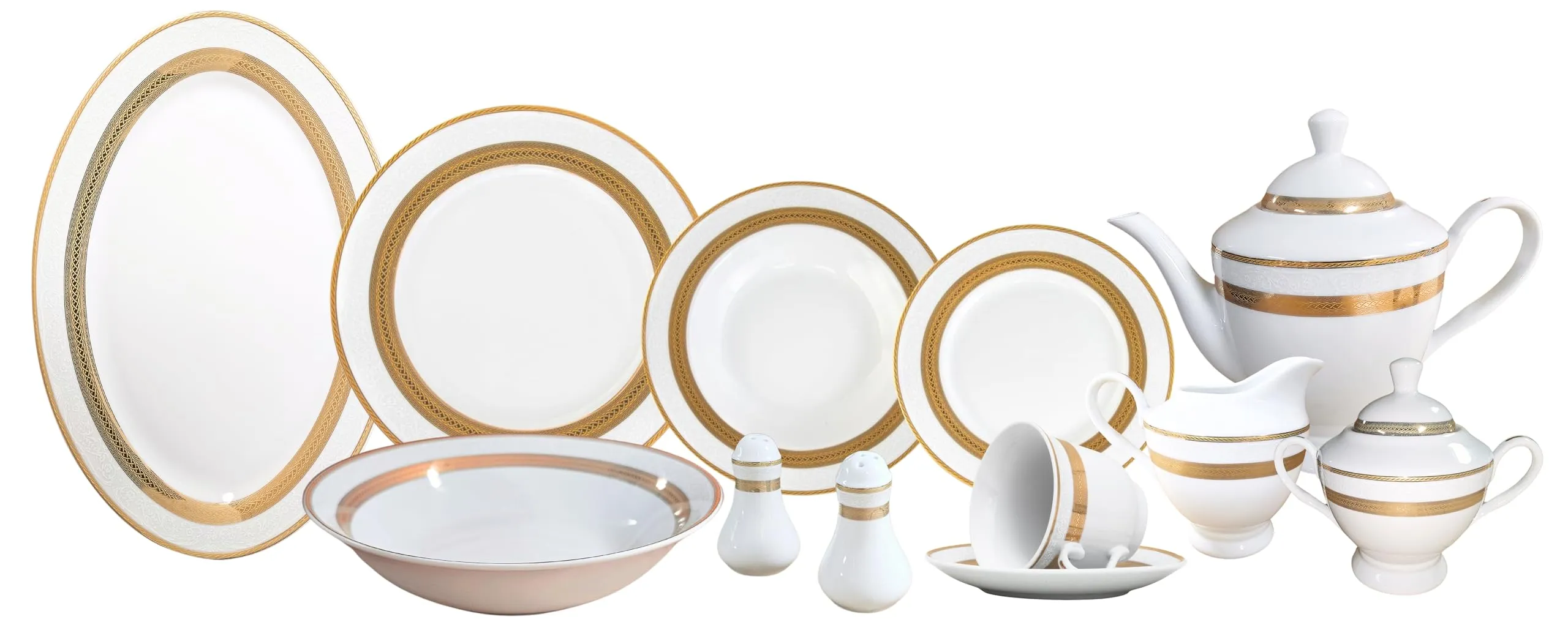 Porcelain Dinnerware Set for 8 - Gorgeous 49 Piece Dish Set - White and Gold Rope Design Porcelain Service for 8 - Chip Resistant Dining Set - For Everyday Use or Formal Occasions (Rope Gold 2049)