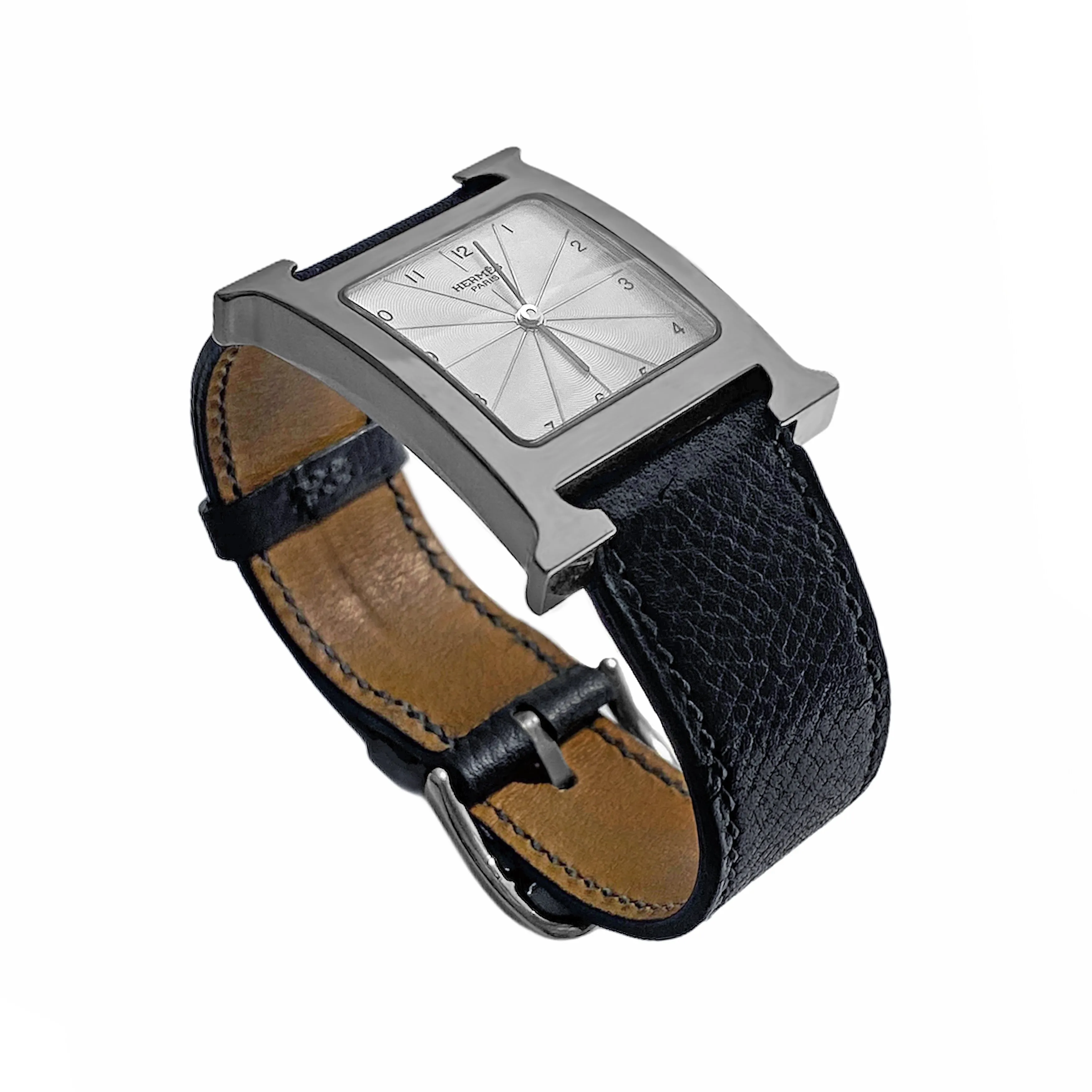 Pre-Owned HERMES Heure Stainless Steel with Black Epsom Leather Quartz Unisex Watch