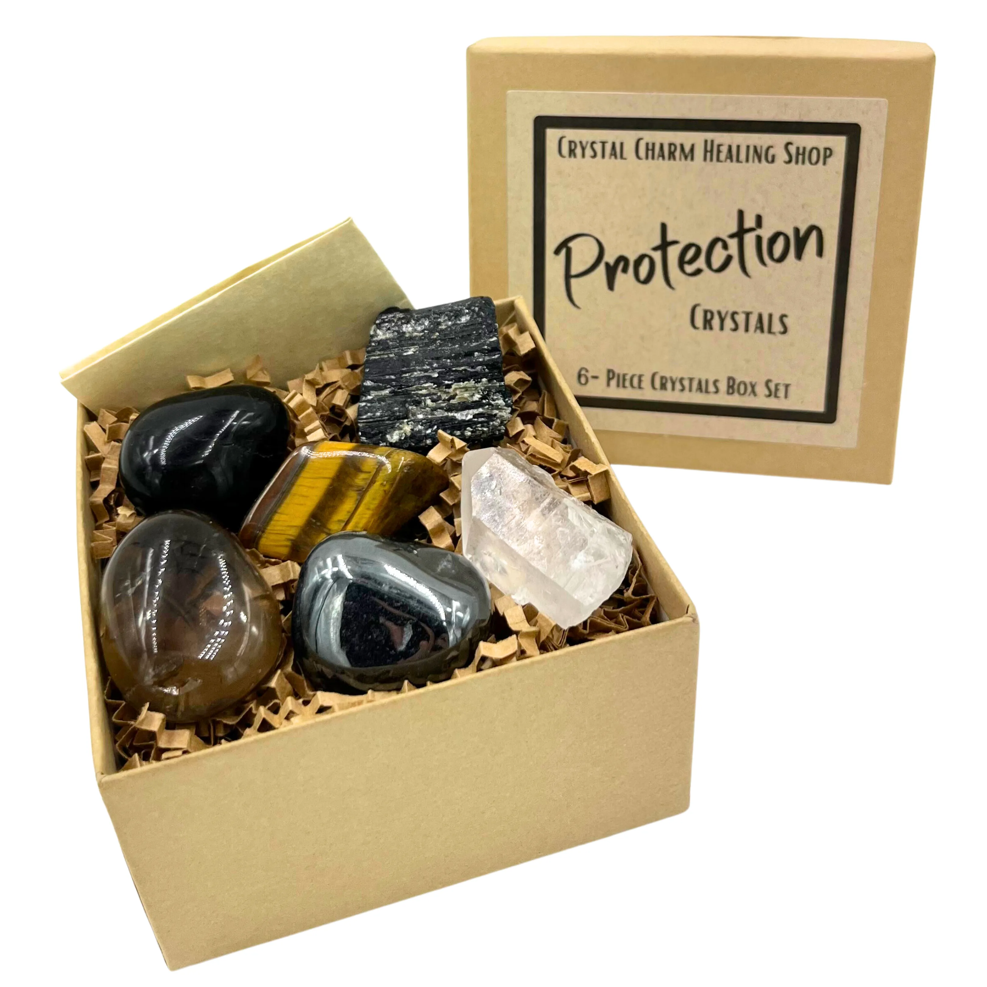 Protection 6-Crystals | Healing Stones Gift Set for Shielding & Protection | Smoky Quartz, Black Onyx, Hematite, Clear Quartz, Tiger's Eye, & Black Tourmaline